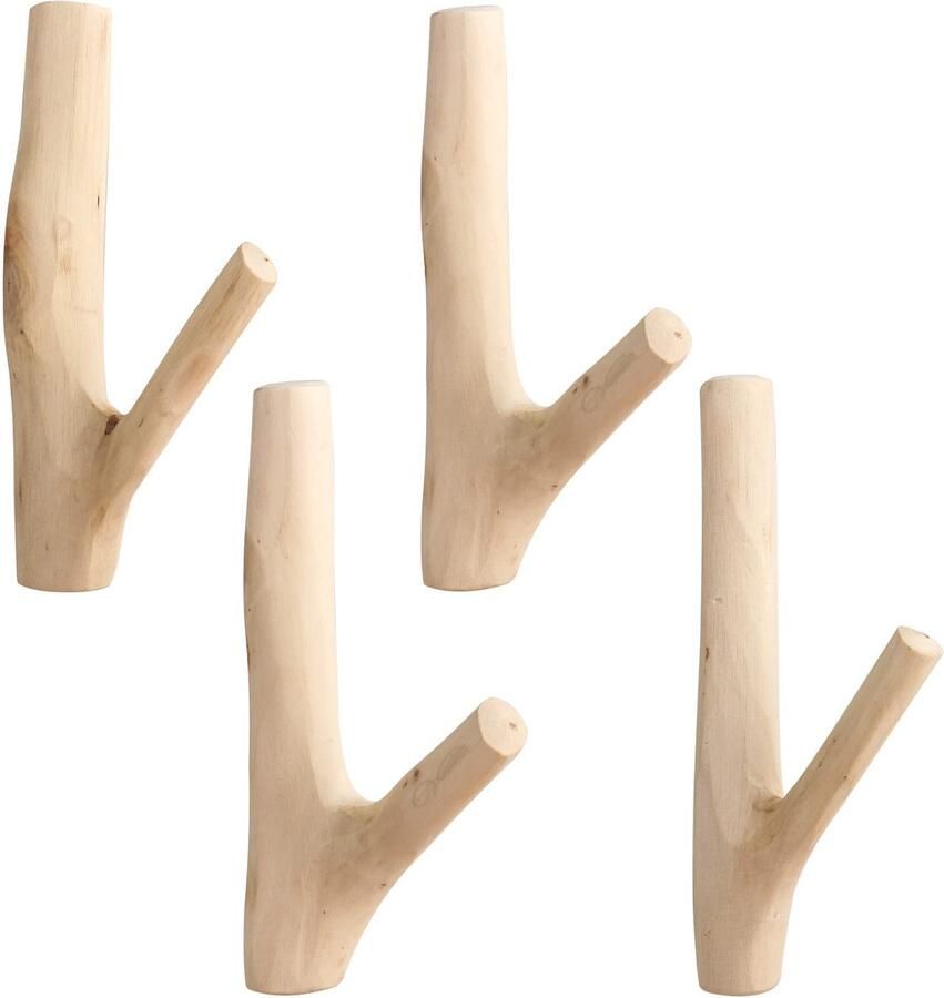 IWILCS Natuurlijke houten haken 4-pack houten vintage kapstokhaken handgemaakte wandhaken natuurlijke houten wandhaken voor garderobekast sleutelhanger kindergarderobe (breedte 2-3 cm zonder gaten)