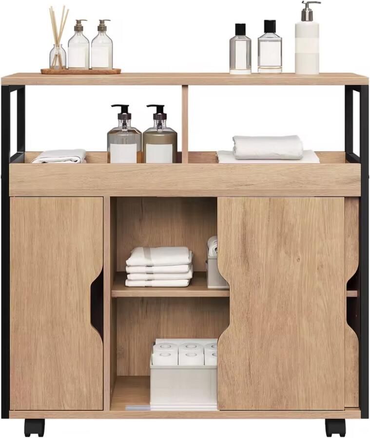 J&R Badkamerkast Badkamer meubel Kast Bijzettafel Gangtafel Sidetable Schuifdeur Verstelbare plank Op wielen Bruin Hout 70x70x20 cm