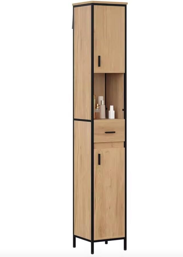 J&R Badkamerkast Badkamer meubel Kast Hoge kast Opbergkast Lade Verstelbare plank Hout Bruin 180x30x30 cm