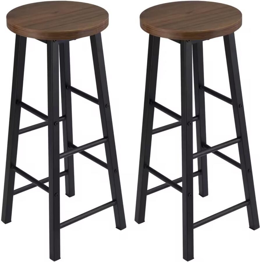 J&R Barkruk Set van 2 barkrukken Kruk Houten barkruk Kruk Bartafel 2 stuks Metalen poot Houten zitting Bruin