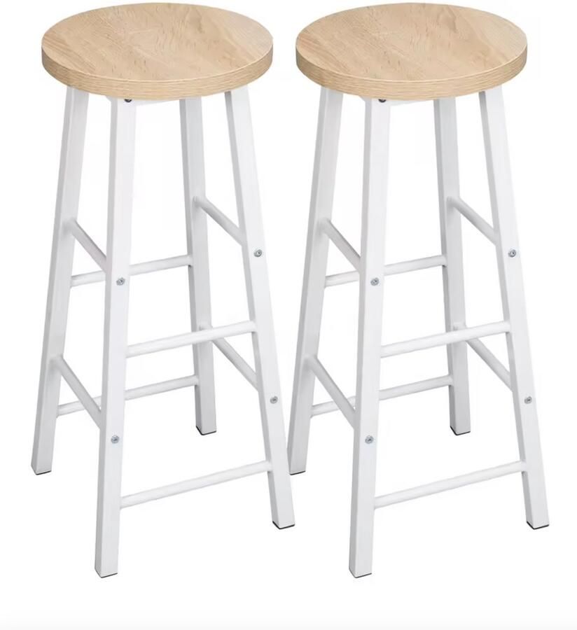 J&R Barkruk Set van 2 barkrukken Kruk Houten barkruk Kruk Bartafel 2 stuks Metalen poot Houten zitting Wit Lichtbruin