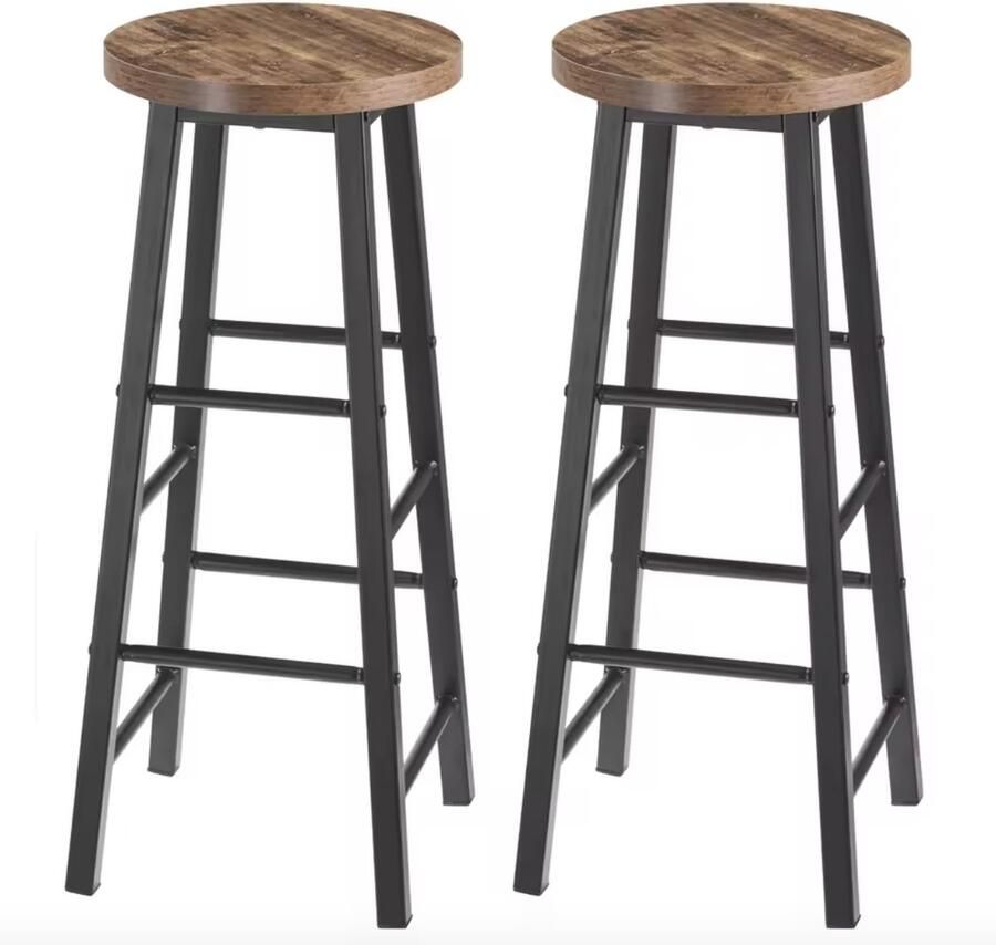 J&R Barkruk Set van 2 barkrukken Kruk Houten barkruk Kruk Bartafel 2 stuks Metalen poot Houten zitting Zwart Vintage Bruin