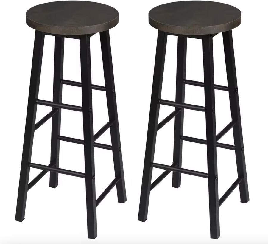 J&R Barkruk Set van 2 barkrukken Kruk Houten barkruk Kruk Bartafel 2 stuks Metalen poot Houten zitting Zwart Donker grijs Roest grijs