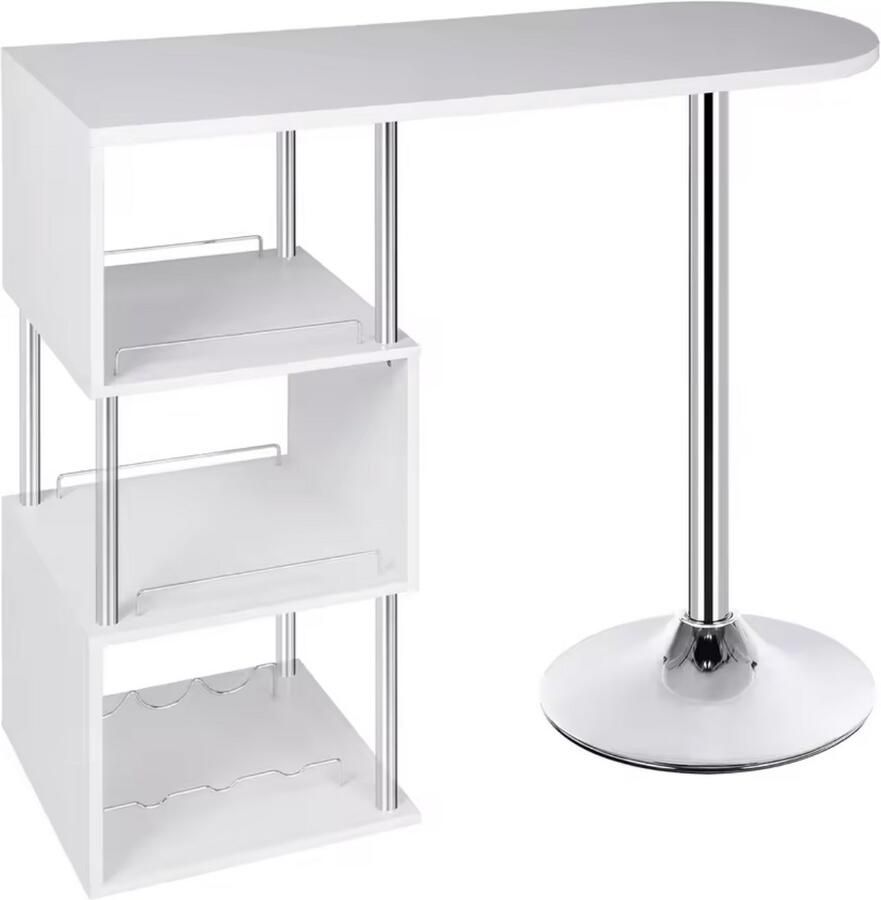 J&R Bartafel Eettafel Tafel Bar Met opbergruimte Modern Drankkast Flessenhouder Hout Chroom 113x40x105cm Wit