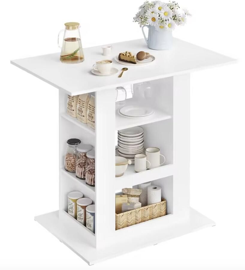 J&R Bartafel Eettafel Tafel Bar Met opbergruimte Planken rondom Glazen rails Wijnrek Wit 105x68x94cm