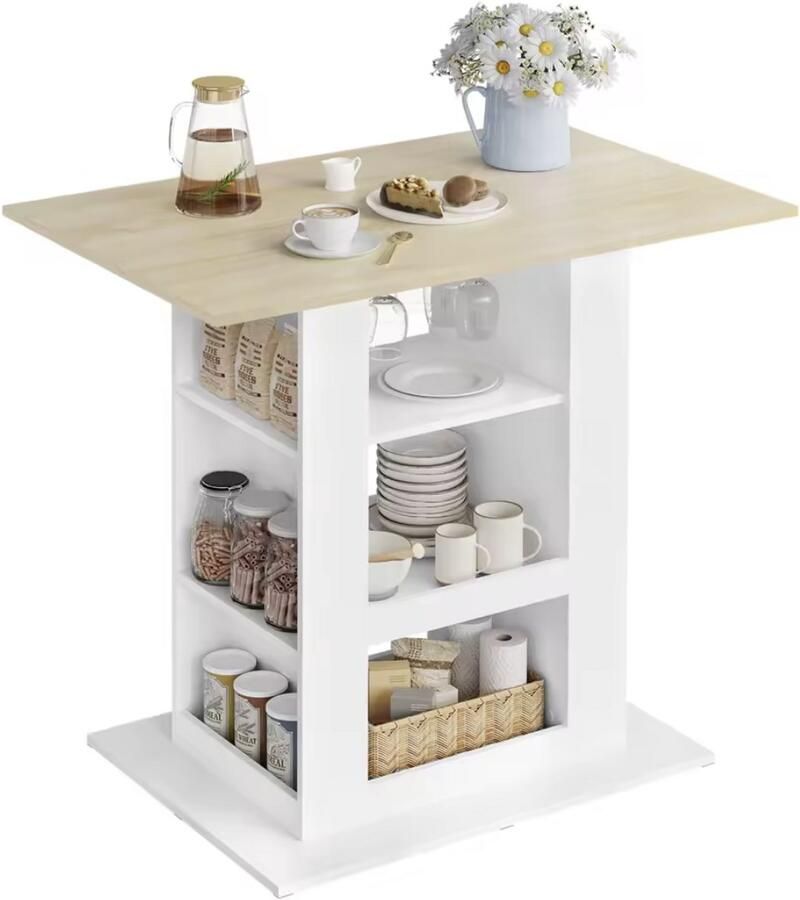 J&R Bartafel Eettafel Tafel Bar Met opbergruimte Planken rondom Glazen rails Wijnrek Wit Bruin 105x68x94cm