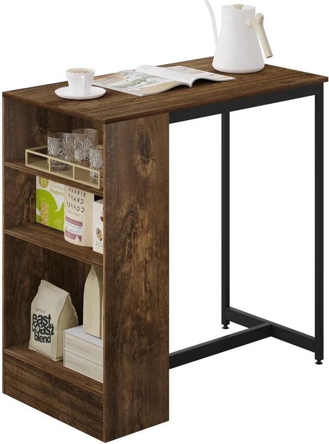 J&R Bartafel Statafel met opbergruimte Keukentafel Schiereiland Partytafel Bistrotafel Bartafel Sta bureau Receptie Ontvangsttafel 91 x 49 x 91cm 3 planken Donkerbruin