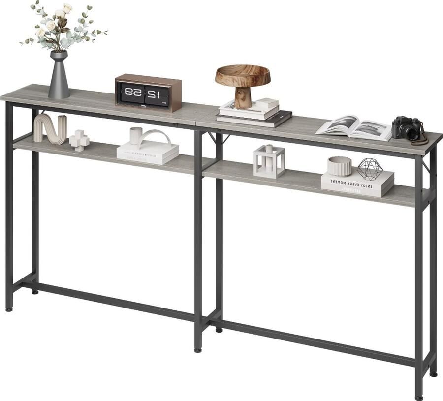 J&R Bijzettafel Bank tafel Lange tafel Wandtafel Industrieel Grijs hout Zwart metaal 180x20x100cm