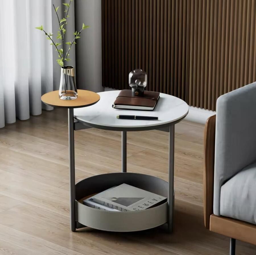 J&R Bijzettafel Eindtafel Koffietafel Nachtkastje Gesinterd steen marmerlook Duo 3 laags Pu leer Oranje Zwart Wit