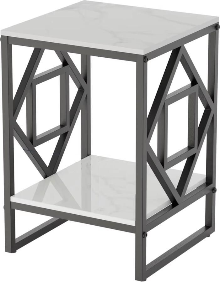 J&R Bijzettafel Vierkant Koffietafel Eindtafel Sidetable Tafel naast de bank Nachtkastje Marmerlook Gesinterd steen Wit Zwart frame