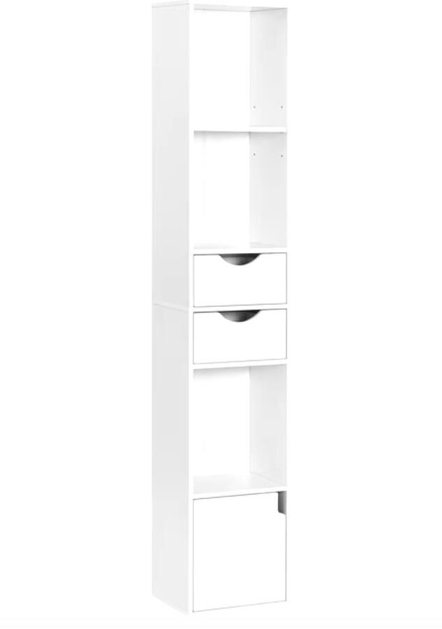 J&R Boekenkast Opbergkast Smalle kast 3 open vakken 2 lades 1 deurtje Wit 30X158X24cm