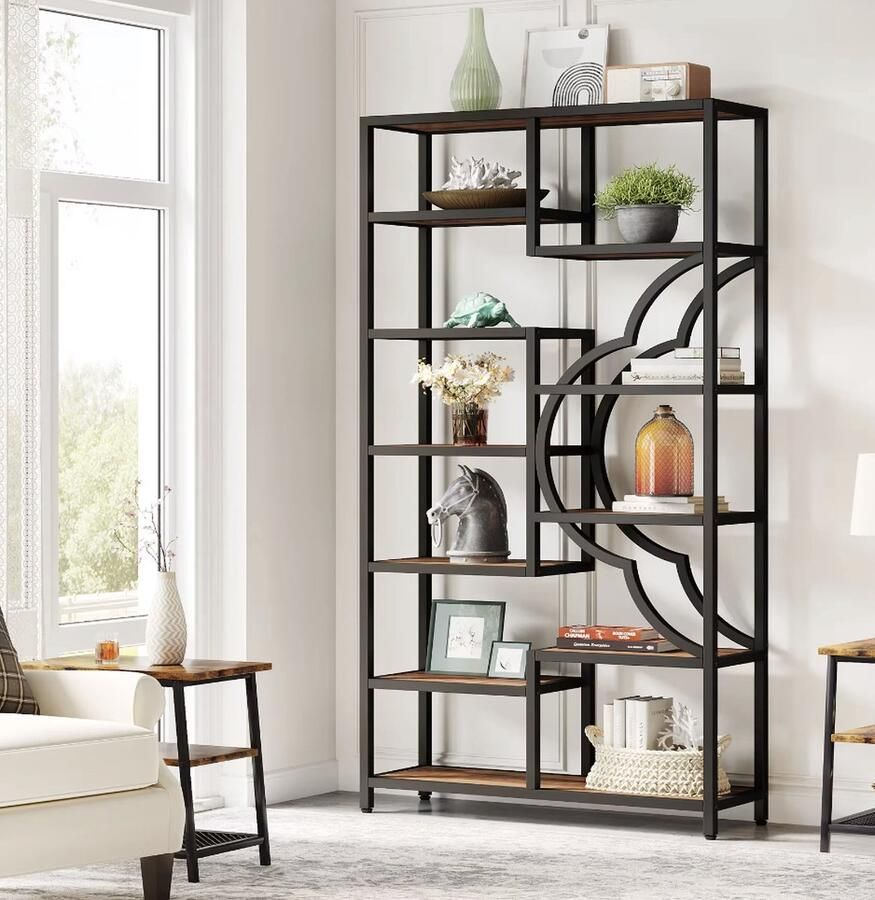 J&R Boekenkast Plankenkast Open Kast Hout 11 planken Industrieel Zwart metaal Donker hout 190x100x30