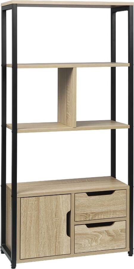 J&R Boekenkast Plankenkast Open Kast Hout 3 planken Deur en Lades Industrieel Zwart metaal Light Oak hout 120x58x24