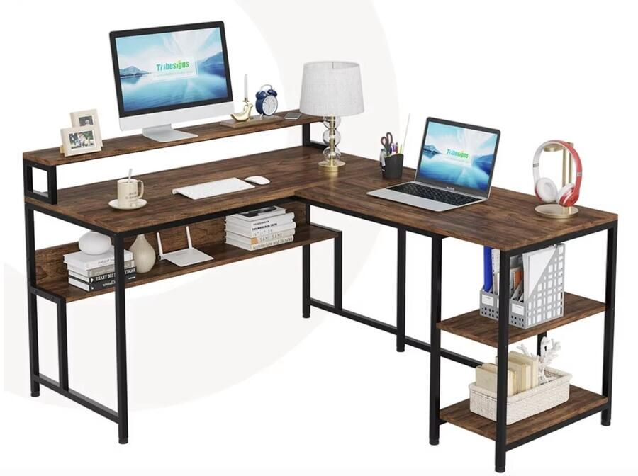 J&R Bureau hoekopstelling Hoekbureau Computerbureau Met 3 lades Planken Omkeerbaar Industrieel Donker hout Metaal Bruin - Foto 2