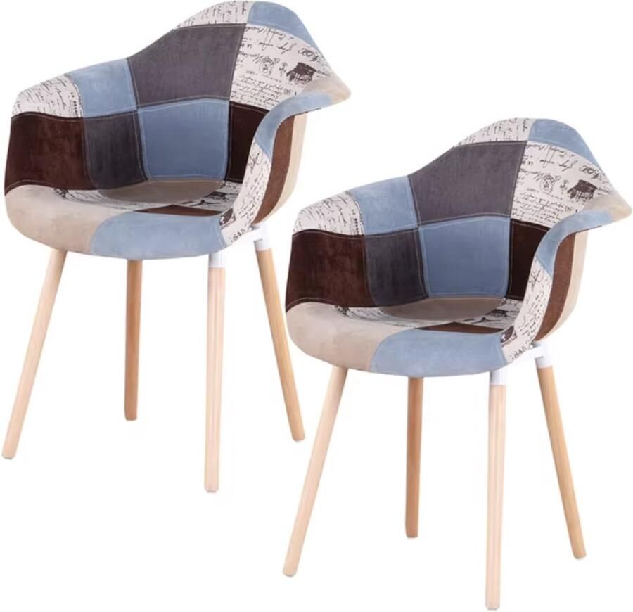 J&R Eetkamer Stoelen Eettafel Kuipstoel Kantoor Set van 2 Bruin Blauw Wit Grijs Ruitpatroon - Foto 2