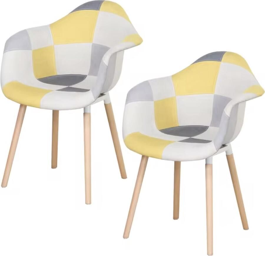 J&R Eetkamer Stoelen Eettafel Kuipstoel Kantoor Set van 2 Geel Grijs Wit Ruitpatroon - Foto 2