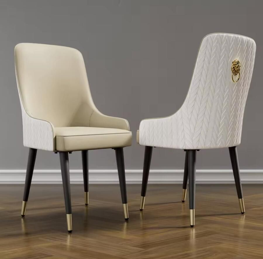 J&R Eetkamer Stoelen Eettafel stoelen PU Leder 2 stuks Gouden leeuwen trekring Creme Wit Zwarte Poot