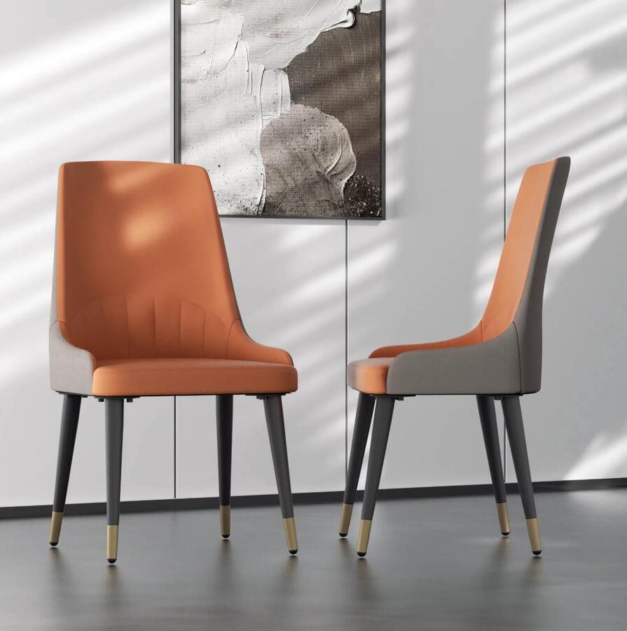 J&R Eetkamer Stoelen Eettafel stoelen PU Leder Set van 2 Oranje Grijs Antraciet Poot