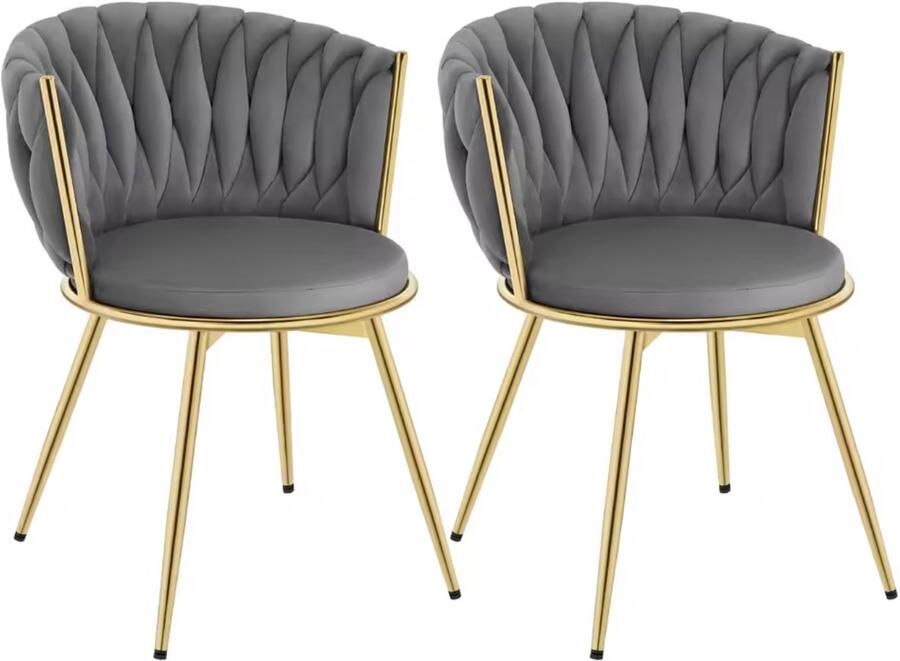 J&R Eetkamerstoel Luxe eetkamerstoel Eettafel stoel Fluweel 360 graden draaibaar Set van 2 Velvet Gouden poten Metaal en fluweel Grijs