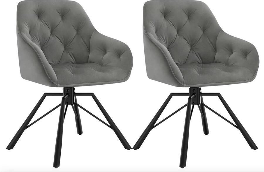 J&R Eetkamerstoel Set van 2 stoelen Fluweel eetkamer stoel Eettafel stoel Fauteuil Draaibaar Velvet Metalen poot Grijs