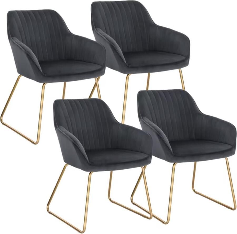 J&R Eetkamerstoel Set van 4 stoelen Fluweel eetkamer stoel Eettafel stoel Fauteuil Stoel Velvet Gouden Poot Donkergrijs