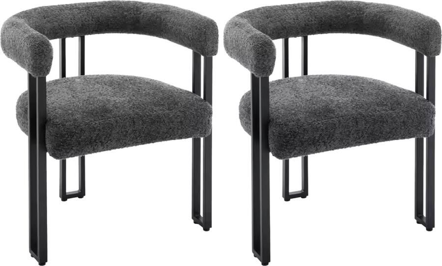 J&R Eetkamerstoel Teddystof Set van 2 stoelen Teddystof eetkamerstoel Eettafel stoel Fauteuil Chenille Bouclé Zwarte Poot Grijs
