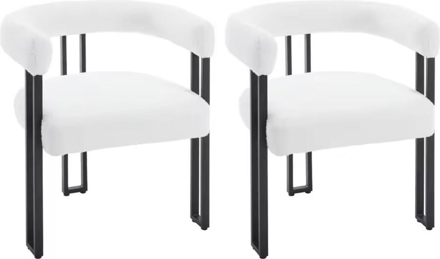 J&R Eetkamerstoel Teddystof Set van 2 stoelen Teddystof eetkamerstoel Eettafel stoel Fauteuil Chenille Bouclé Zwarte Poot Wit