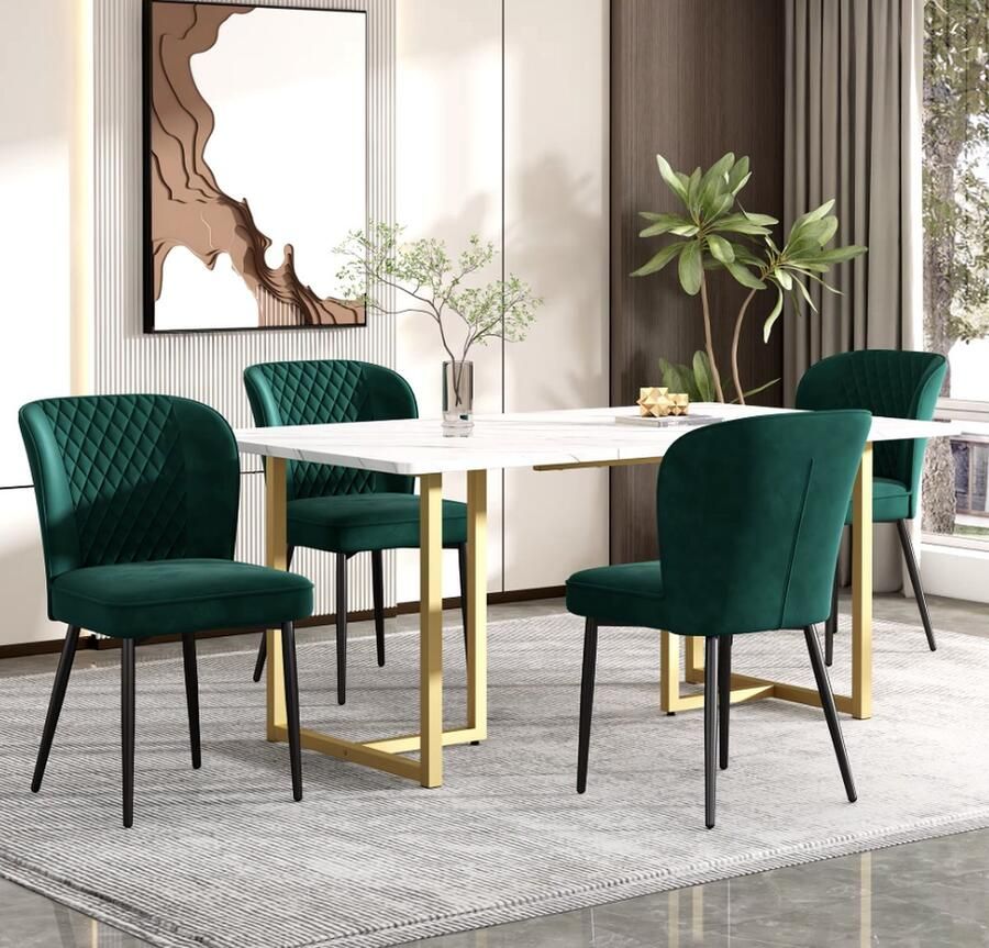 J&R Eettafel met stoelen Eettafel Tafel met 4 stoelen Marmerlook tafel 4 stoelen Groen Fluweel 140x80x75cm - Foto 2