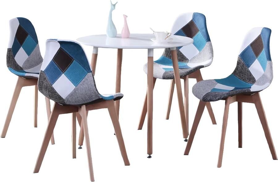 J&R Eettafel Set Eethoek Eetkamerstoelen Stoelen Eettafel 4 stoelen Patroon Blauw Grijs Wit - Foto 2