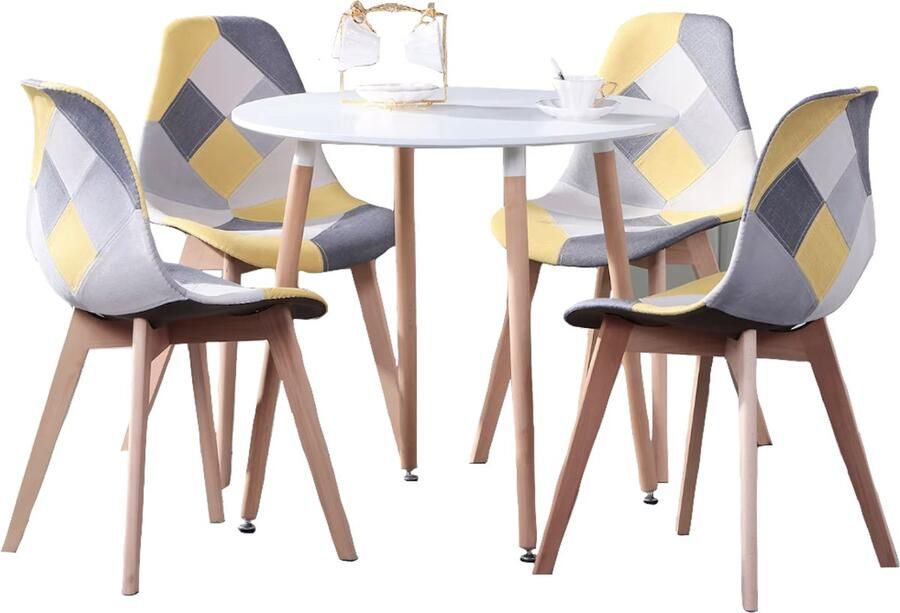 J&R Eettafel Set Eethoek Eetkamerstoelen Stoelen Eettafel 4 stoelen Patroon Geel Grijs Wit - Foto 2