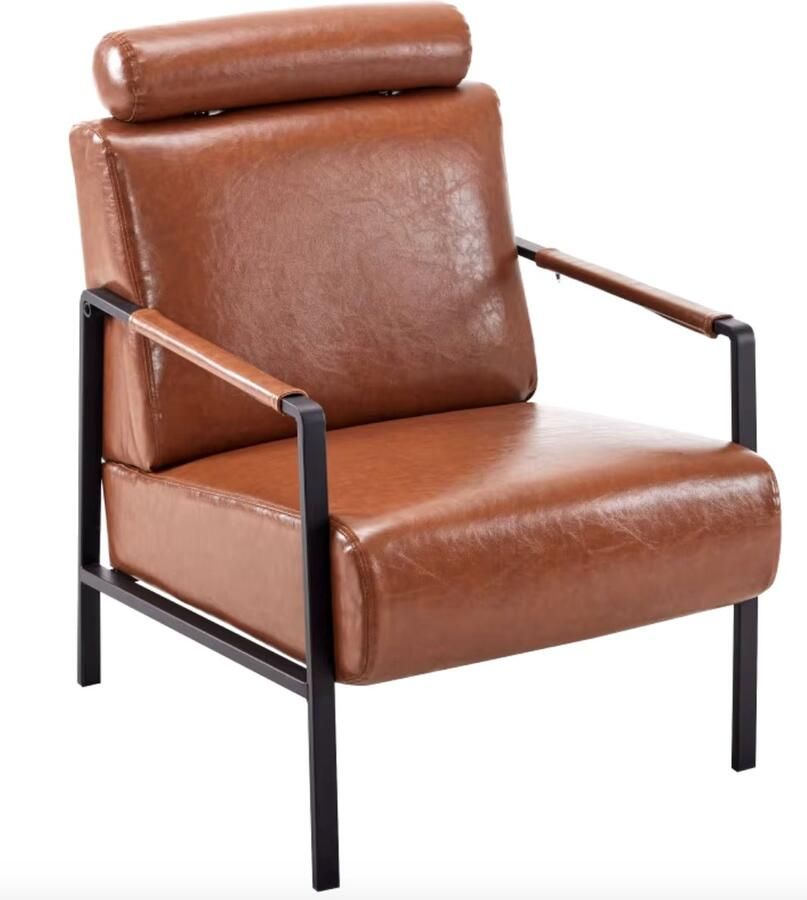 J&R Fauteuil Leesstoel Stoel Eenpersoonsstoel Woonkamer stoel Verstelbare hoofdsteun PU Leer Bruin - Foto 2