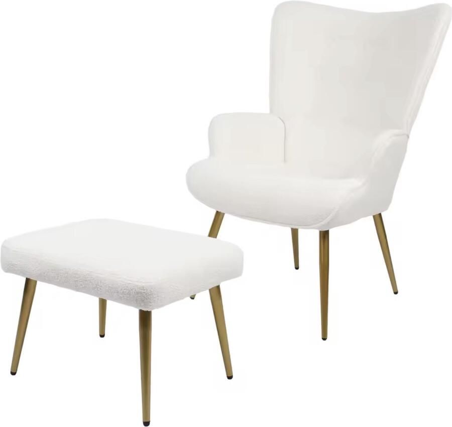 J&R Fauteuil Relaxing chair Met voetenbankje Leesstoel Woonkamer stoel Fauteuil Stoel met voetenbank Stoel met hocker Goud metalen poten Teddy stof Bouclé Wit