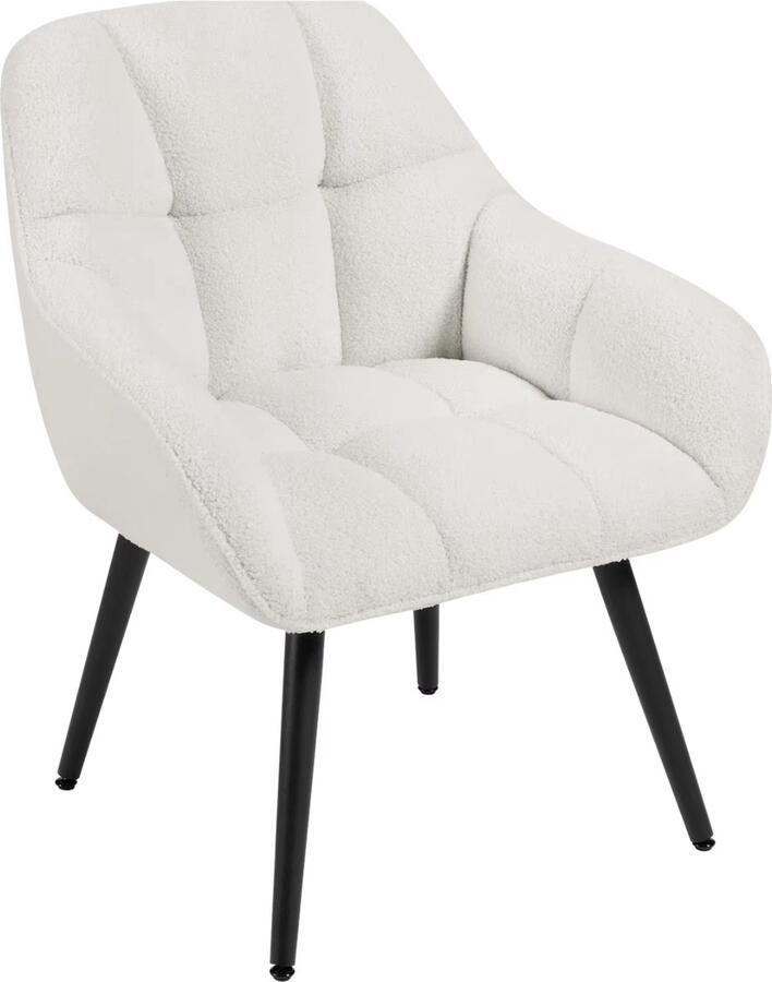 J&R Fauteuil Stoel Leesstoel Eetkamerstoel eettafel Teddystof Zachte stof Bouclé Metalen poot Wit