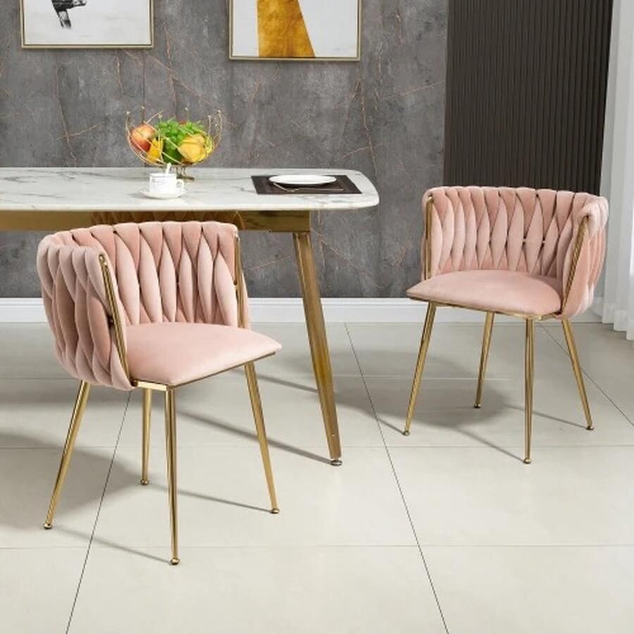 J&R Fluwelen eetkamerstoelen Luxe Velvet Gouden metalen poten Hoge rugleuning Rond Geweven ontwerp Set van 2 Roze met goud