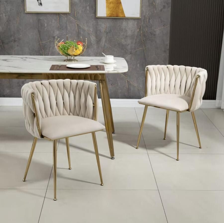 J&R Fluwelen eetkamerstoelen Set van 2 stoelen Eettafel stoel Fauteuil Stoel Luxe Velvet Gouden metalen poten Hoge rugleuning Rond Geweven ontwerp Beige met goud