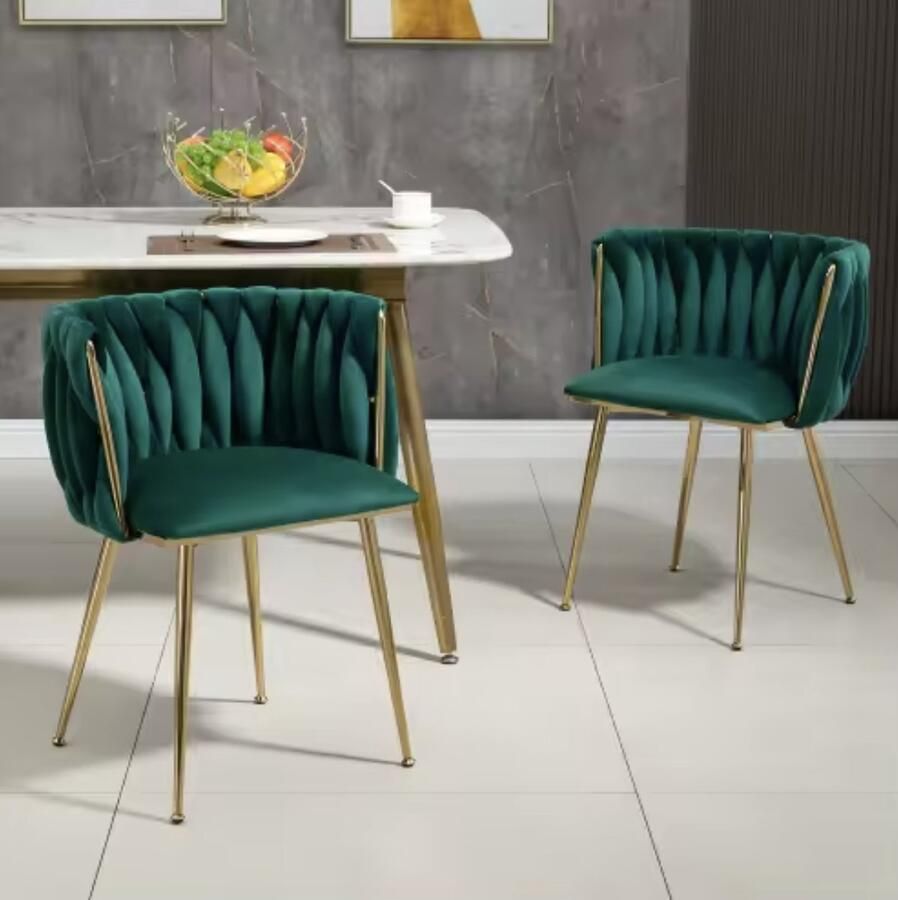 J&R Fluwelen eetkamerstoelen Set van 2 stoelen Eettafel stoel Fauteuil Stoel Luxe Velvet Gouden metalen poten Hoge rugleuning Rond Geweven ontwerp Groen met goud