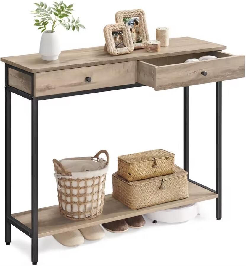 J&R Gangtafel Wandtafel Bijzettafel Haltafel Tafel met 2 lades Hout Metaal Beige 100x80x30cm