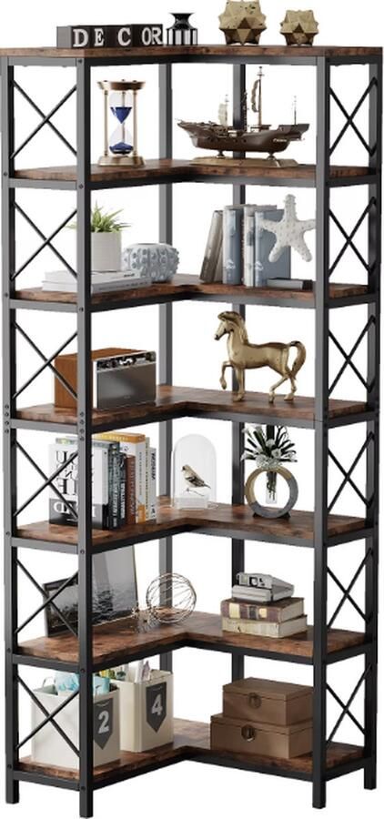 J&R Hoek boekenkast Plankenkast Open Kast Hout 7 Laags Industrieel Zwart metaal Donker hout 200x60x60