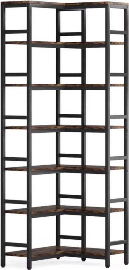 J&R Hoek boekenkast Plankenkast Open Kast Hout 7 Laags Industrieel Zwart metaal Donker hout 200x60x60