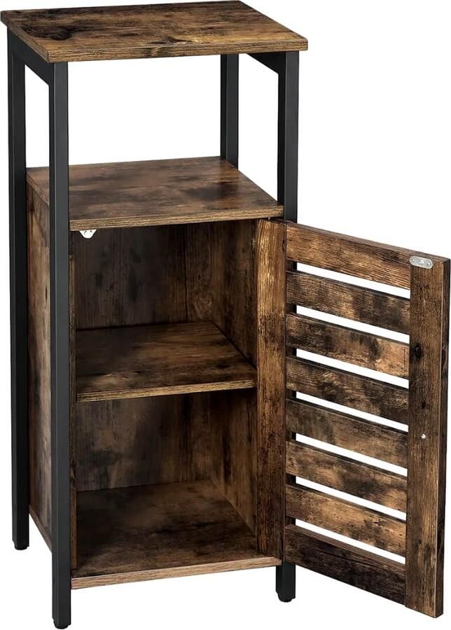 J&R Industrieel Kastje met deur 3 planken Bijzettafel Nachtkastje Woonkamer kastje Industrieel Donker hout Zwart metaal 80x37x30cm