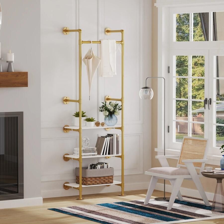 Whoopr Industriële Pijp Kledingrek met Houten Legplanken – Rek Vintage Wandrek met Pijpleiding Gouden Afwerking 178 cm Hoog