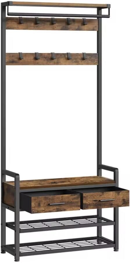 J&R Kapstok Garderobe rek Kledingrek Scheidbaar ontwerp In 2 delen te gebruiken Bankje 10 haken Schoenen opslag 2 lades Hout en metaal Bruin Zwart