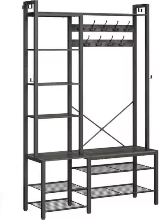 J&R Kapstok groot Kledingrek Garderobekast Schoenenrek Zitbank Planken Haken Hout en metaal Industrieel Zwart 120x190x40cm