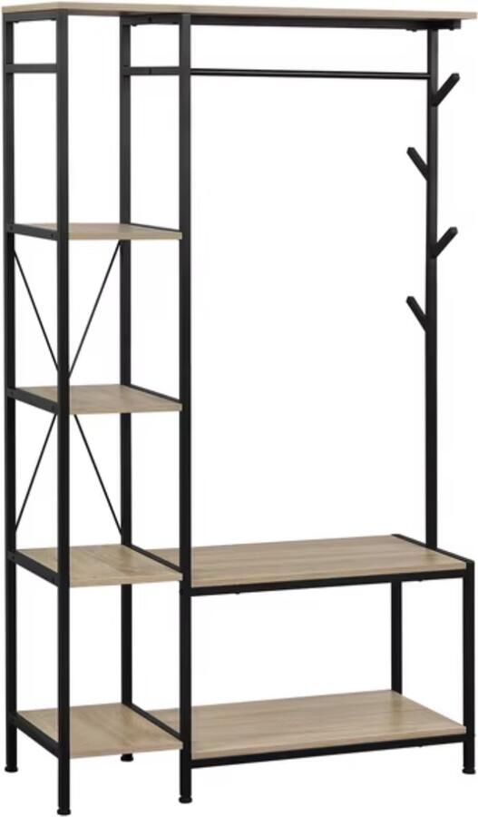 J&R Kapstok Kledingrek Garderobekast Planken Haken Stang Hout en metaal Industrieel Light Oak - Foto 2