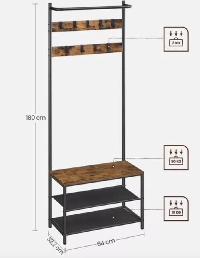 J&R Kapstok Kledingrek Schoenenrek Stang Haken Industrieel Hout en metaal Bruin Zwart