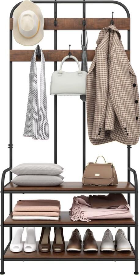 J&R Kapstok met schoenenrek kledingrek 7 haken Industrieel Donker hout Zwart metaal 84x180x36cm - Foto 2