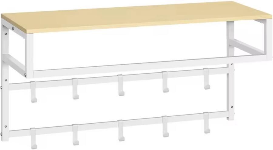 J&R Kapstok Muur kapstok Kledingrek Wand kapstok Hang kapstok Wandmontage Plank 10 haken Metaal Hout Wit