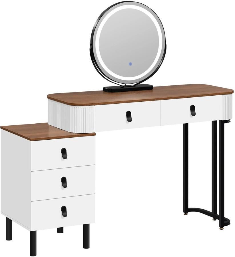 Kaptafel met LED-Verlichting – 3-Delige Verstelbare Lichtintensiteit – 360° Draaibare Spiegel – Inclusief Zijkast – 100x125x40 cm – Massief Hout Metaal & Glas – Voor Slaapkamer – USB-Aansluiting – Veel Opbergruimte – Bruin Wit Houtlook