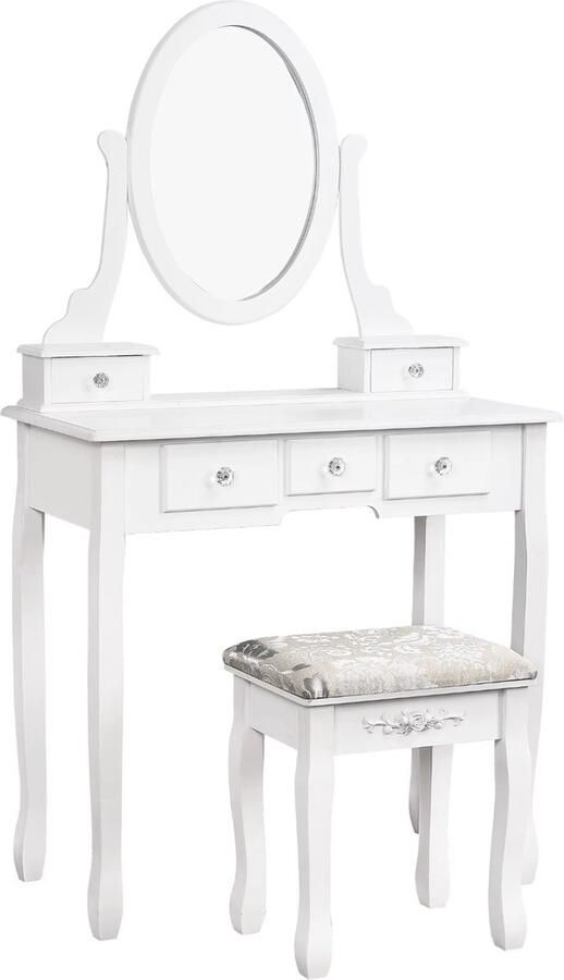 J&R Kaptafel met spiegel en kruk 5 Lades Kinder kaptafel Klassiek Wit 80x40x137cm