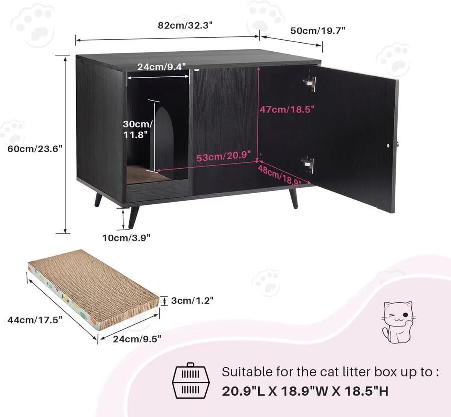 J&R Kattenbak kast Opbergkast kattenbak Sidetable voor kattenbak Katten huisje Zwart 82x50x60cm - Foto 2